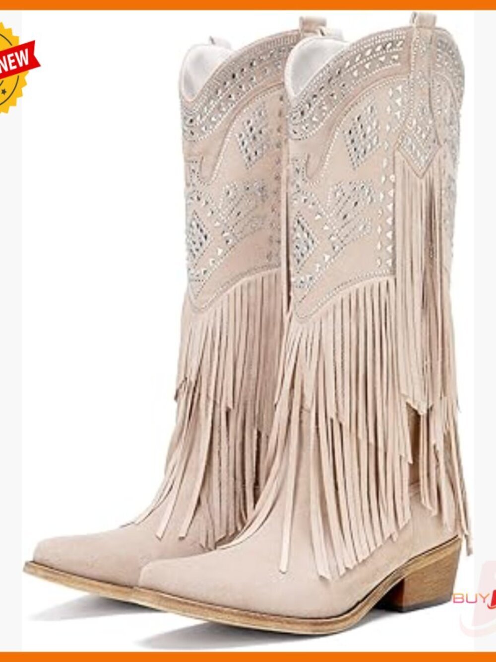 Knee High Western Boots with Rhinestone Fringe and Chunky Heel